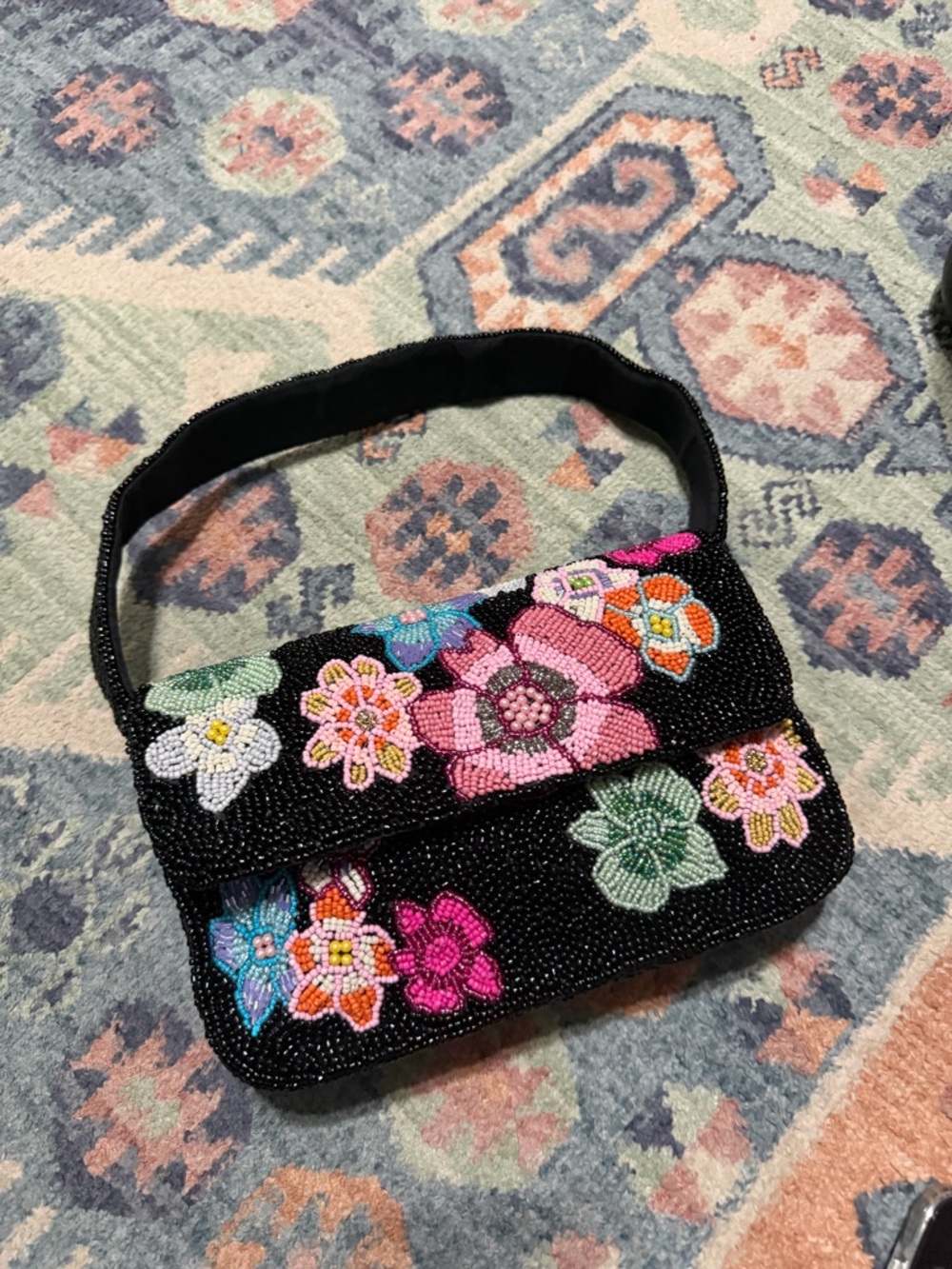 Beaded Floral Black Shoulder Bag with Multicolor Embroidery